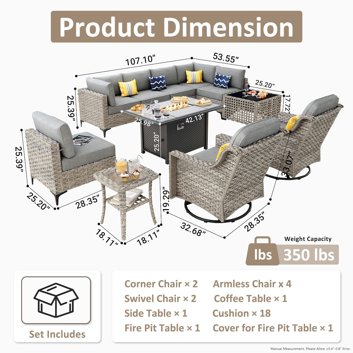 OVIOS 11 Pieces Outdoor Wicker Swivel Chair Set With Solar-Powered Coffee Table&Fire Pit