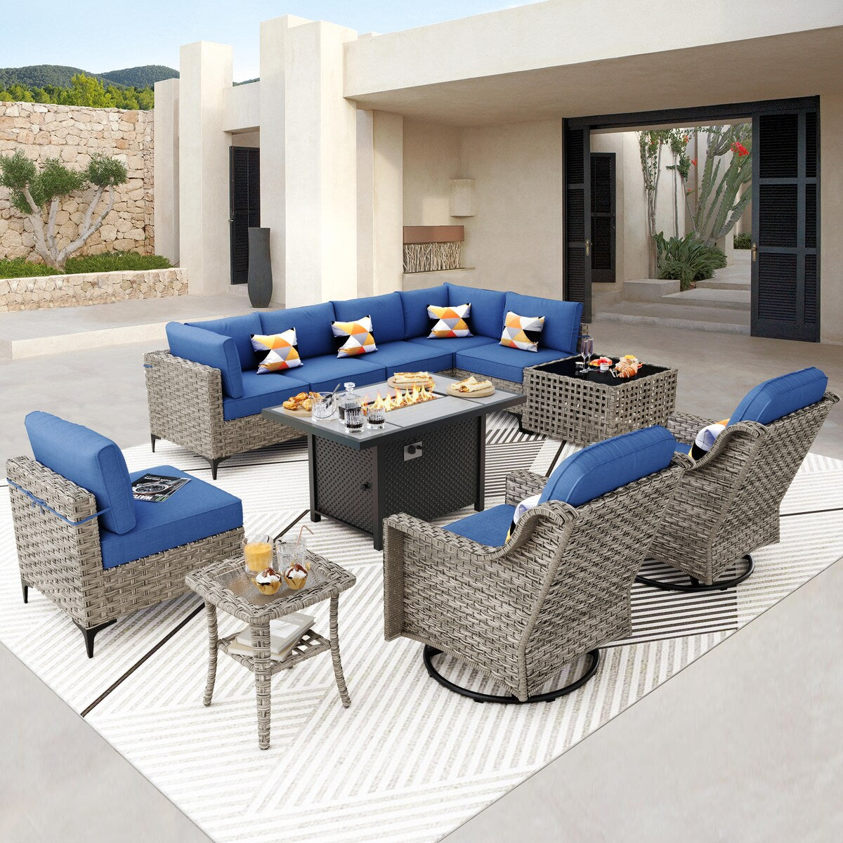 OVIOS 11 Pieces Outdoor Wicker Swivel Chair Set With Solar-Powered Coffee Table&Fire Pit