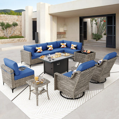 OVIOS 11 Pieces Outdoor Wicker Swivel Chair Set With Solar-Powered Coffee Table&Fire Pit