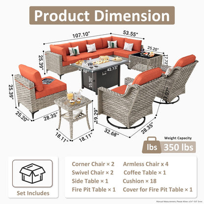 OVIOS 11 Pieces Outdoor Wicker Swivel Chair Set With Solar-Powered Coffee Table&Fire Pit