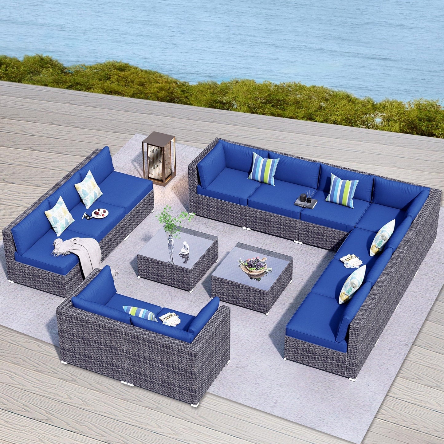 OVIOS 14-piece Deep Seat Wicker Conversation Sectional Set with Glass-top Table