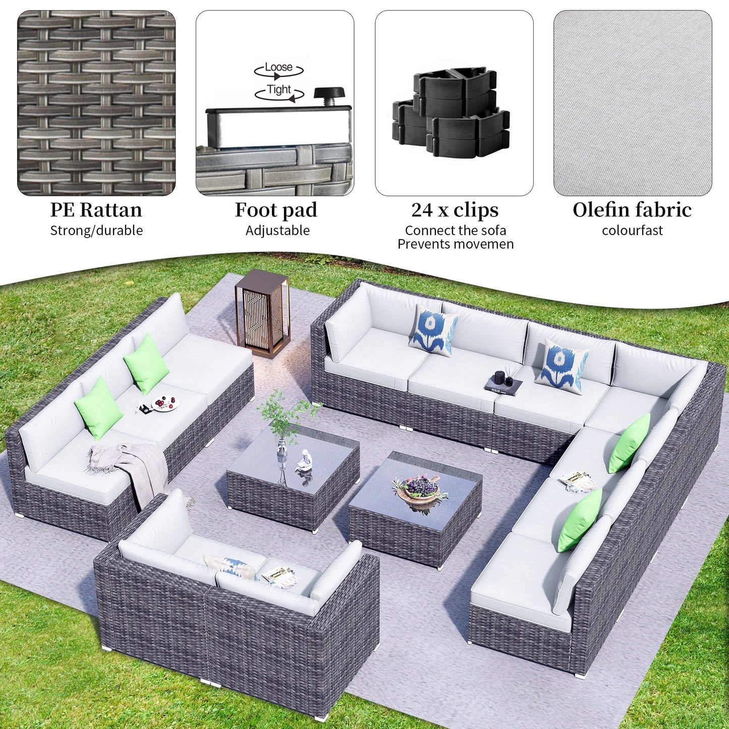 OVIOS 14-piece Deep Seat Wicker Conversation Sectional Set with Glass-top Table