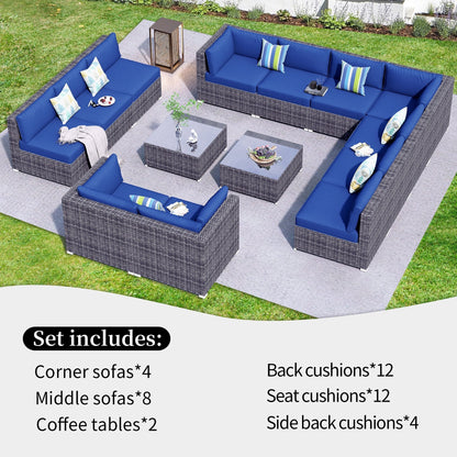 OVIOS 14-piece Deep Seat Wicker Conversation Sectional Set with Glass-top Table