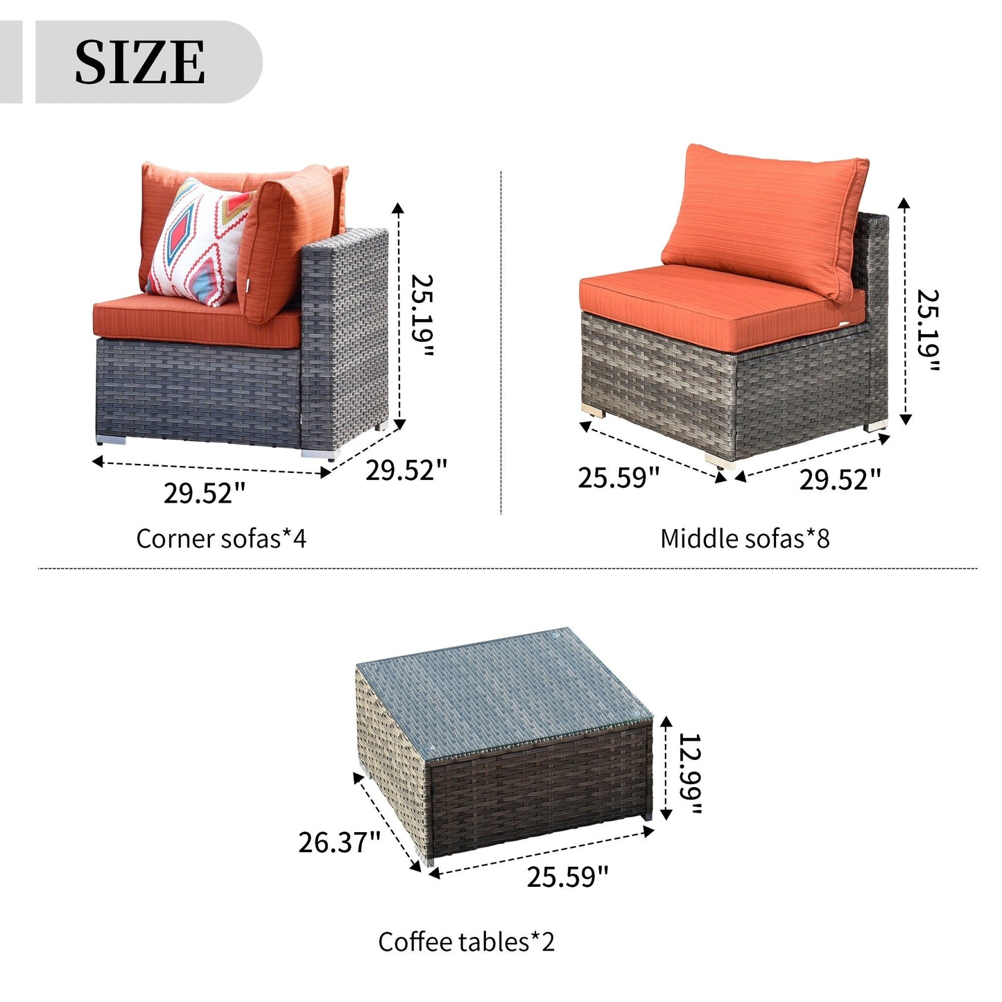 OVIOS 14-piece Deep Seat Wicker Conversation Sectional Set with Glass-top Table