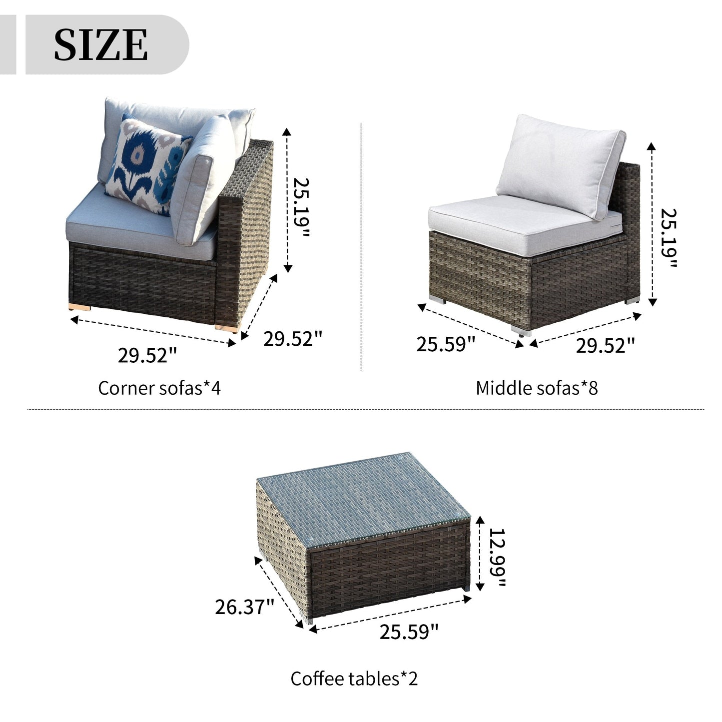 OVIOS 14-piece Deep Seat Wicker Conversation Sectional Set with Glass-top Table