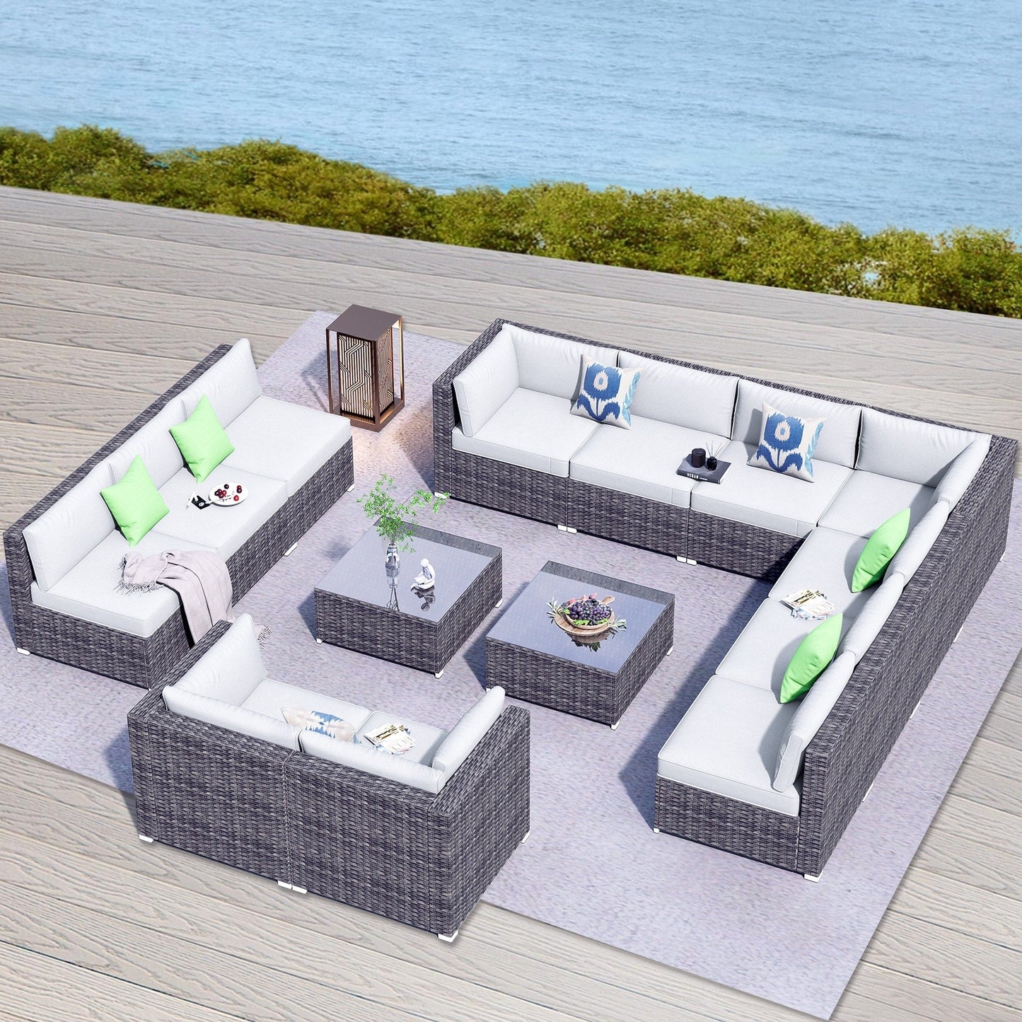 OVIOS 14-piece Deep Seat Wicker Conversation Sectional Set with Glass-top Table