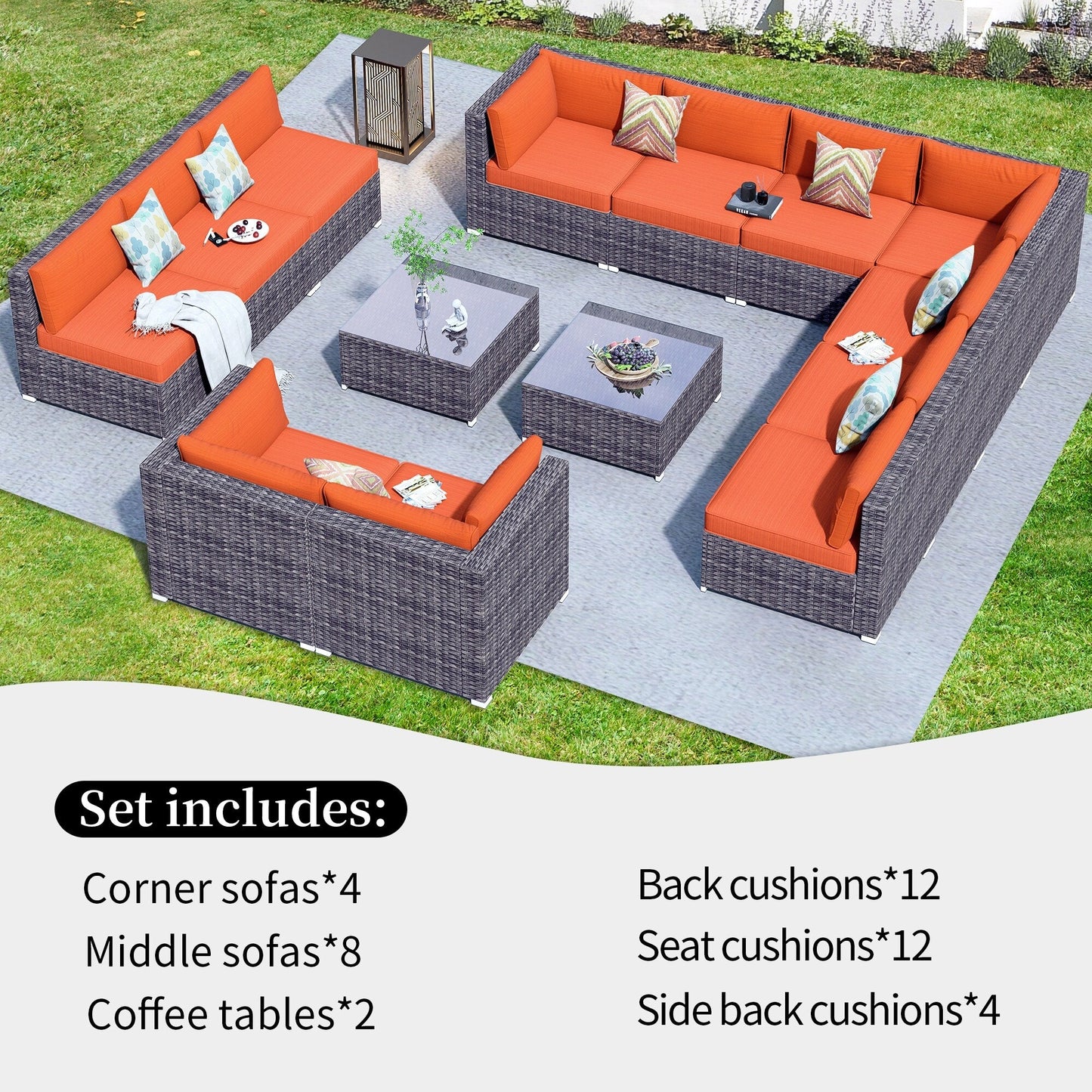 OVIOS 14-piece Deep Seat Wicker Conversation Sectional Set with Glass-top Table