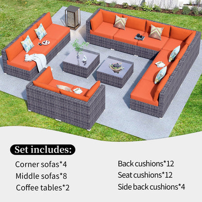 OVIOS 14-piece Deep Seat Wicker Conversation Sectional Set with Glass-top Table