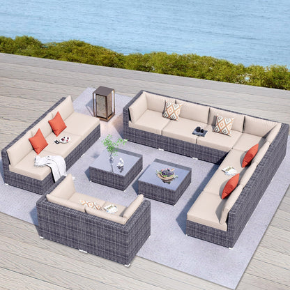 OVIOS 14-piece Deep Seat Wicker Conversation Sectional Set with Glass-top Table