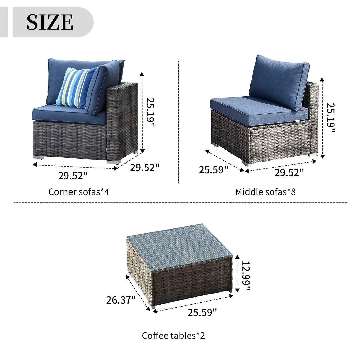 OVIOS 14-piece Deep Seat Wicker Conversation Sectional Set with Glass-top Table