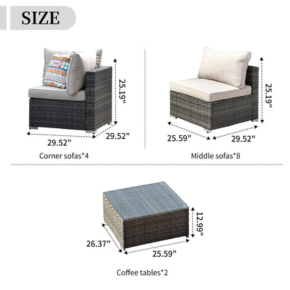 OVIOS 14-piece Deep Seat Wicker Conversation Sectional Set with Glass-top Table