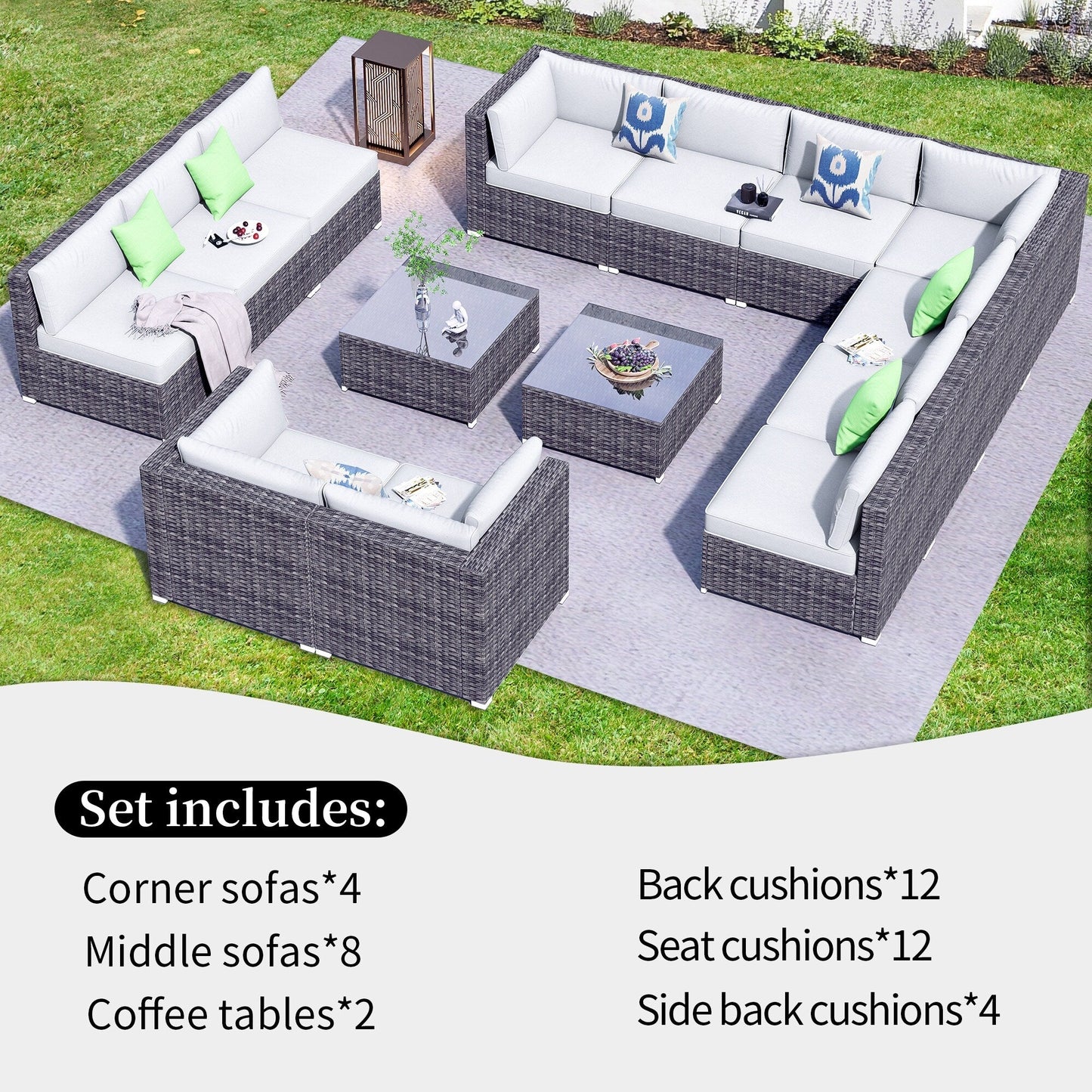 OVIOS 14-piece Deep Seat Wicker Conversation Sectional Set with Glass-top Table