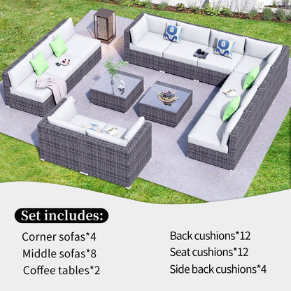 OVIOS 14-piece Deep Seat Wicker Conversation Sectional Set with Glass-top Table