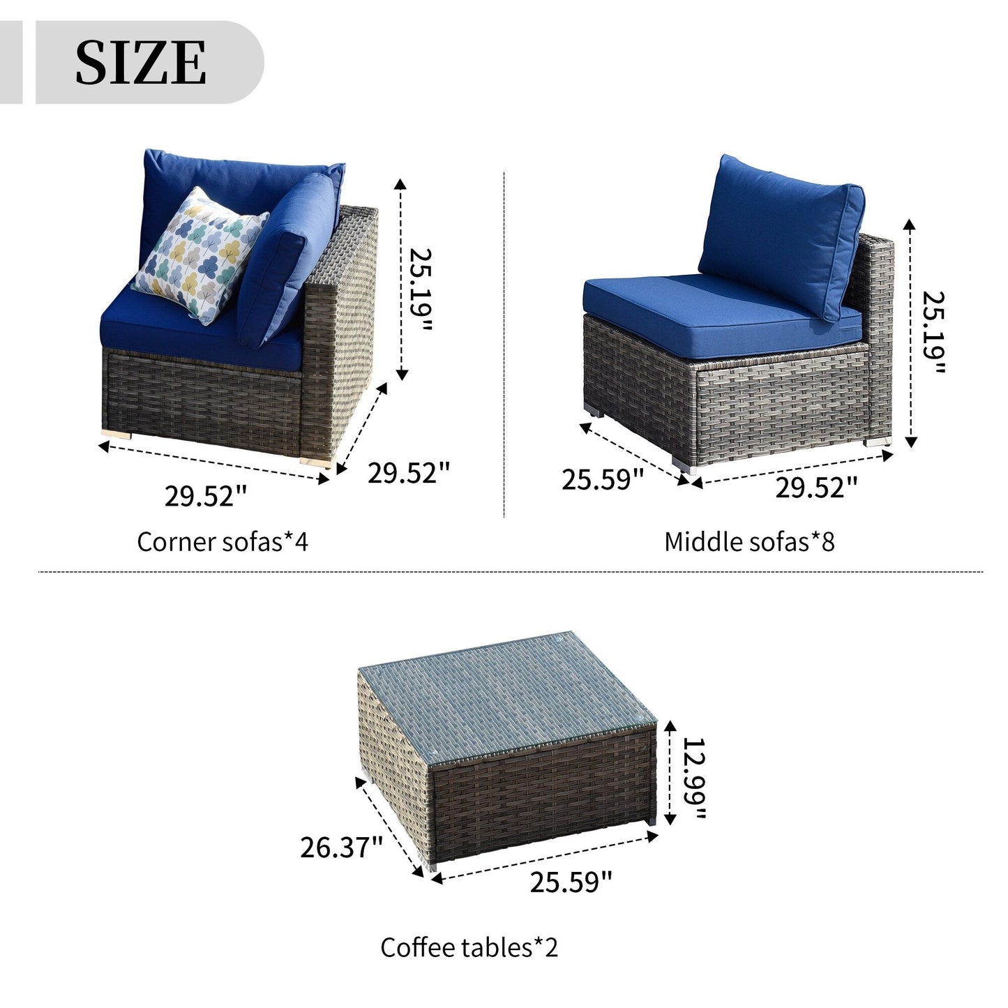 OVIOS 14-piece Deep Seat Wicker Conversation Sectional Set with Glass-top Table
