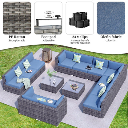 OVIOS 14-piece Deep Seat Wicker Conversation Sectional Set with Glass-top Table