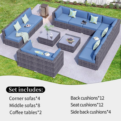 OVIOS 14-piece Deep Seat Wicker Conversation Sectional Set with Glass-top Table