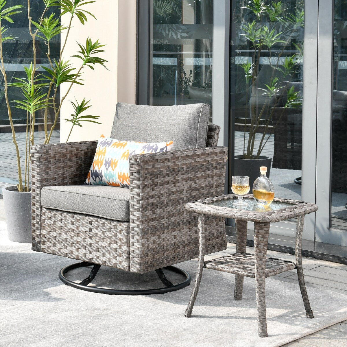 OVIOS 2-piece Swivel Rocking Wicker Chair Side Table Conversation Set