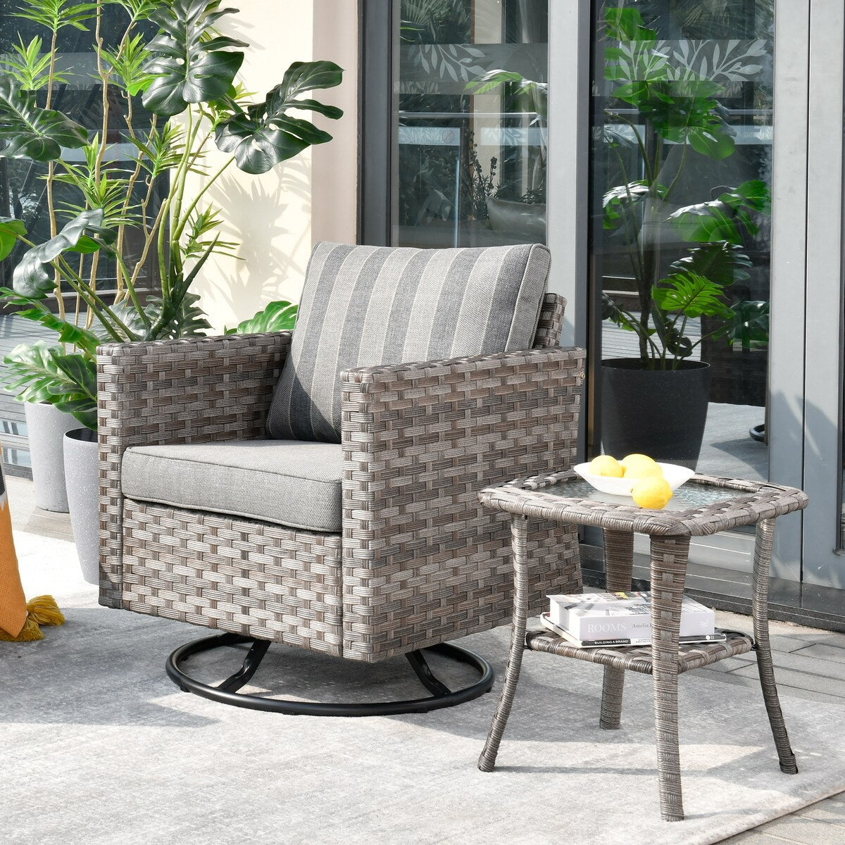 OVIOS 2-piece Swivel Rocking Wicker Chair Side Table Conversation Set