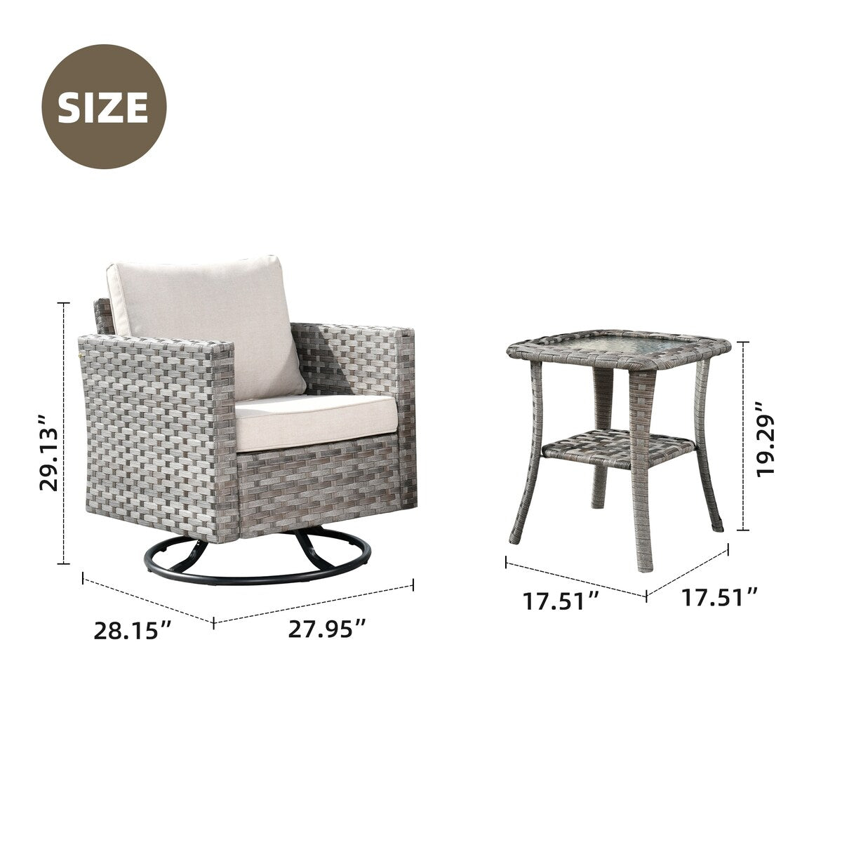 OVIOS 2-piece Swivel Rocking Wicker Chair Side Table Conversation Set