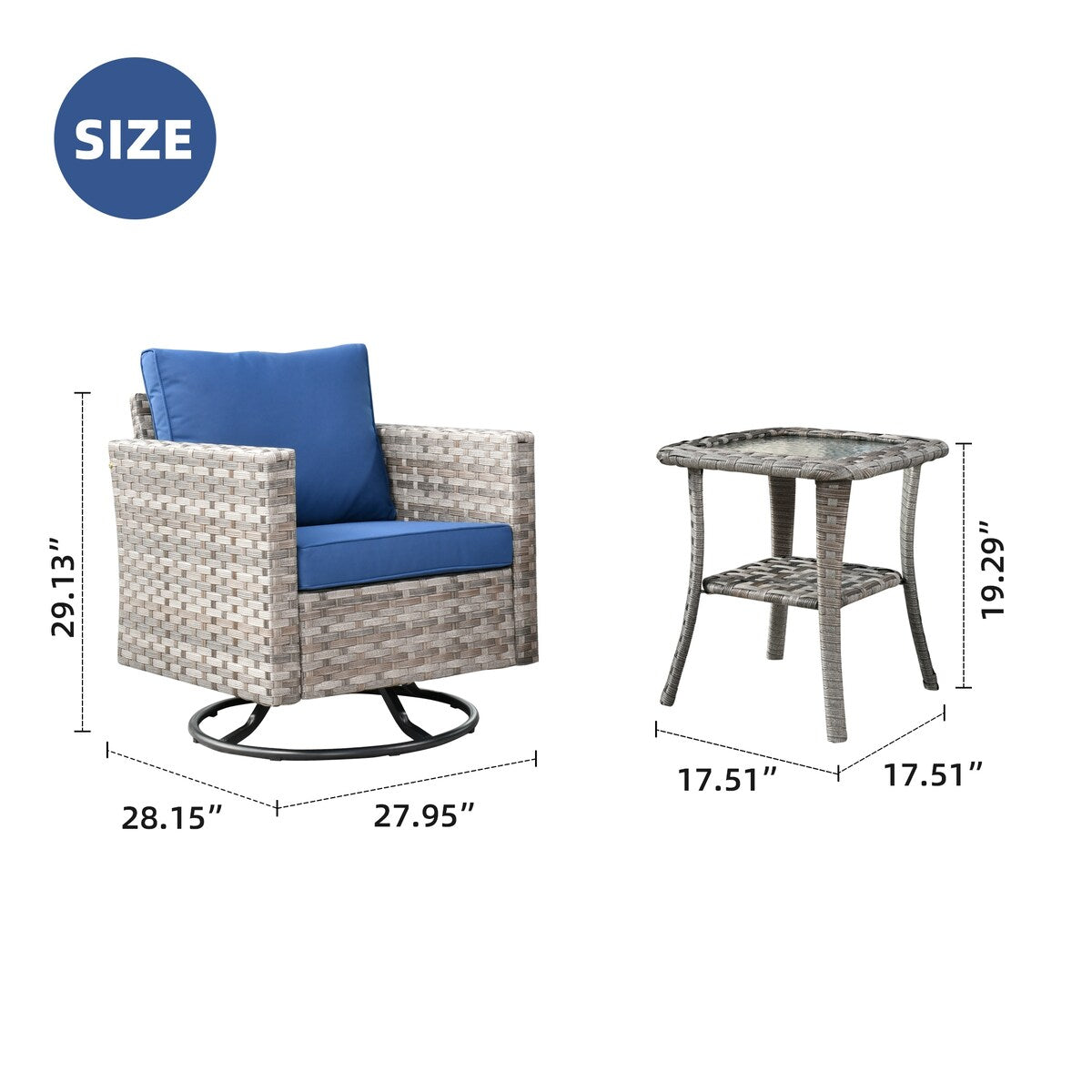 OVIOS 2-piece Swivel Rocking Wicker Chair Side Table Conversation Set