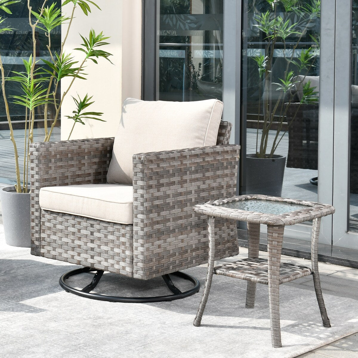 OVIOS 2-piece Swivel Rocking Wicker Chair Side Table Conversation Set