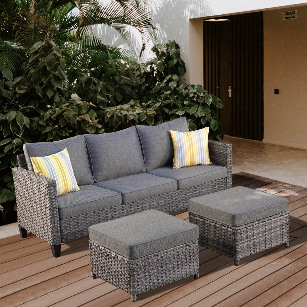 OVIOS 3-piece Outdoor Wicker Conversation Ottoman Set