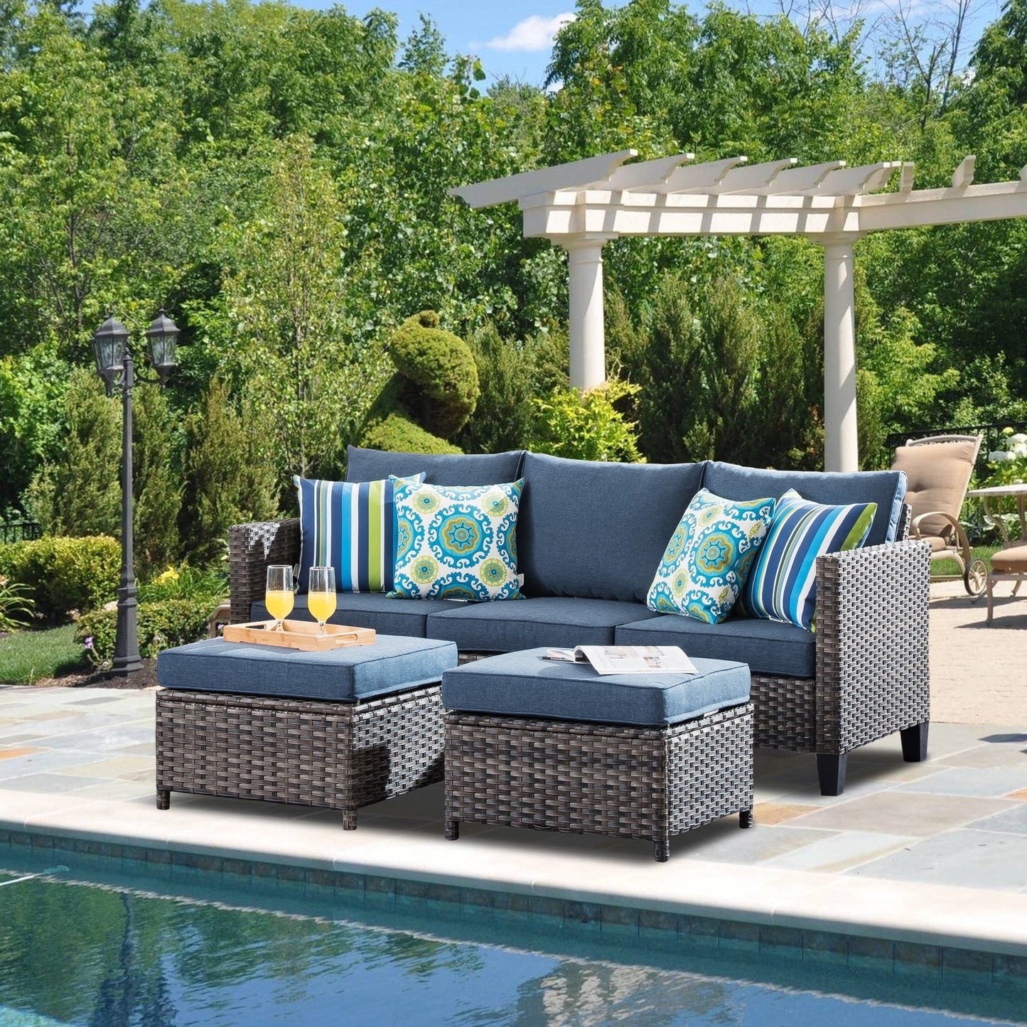 OVIOS 3-piece Outdoor Wicker Conversation Ottoman Set