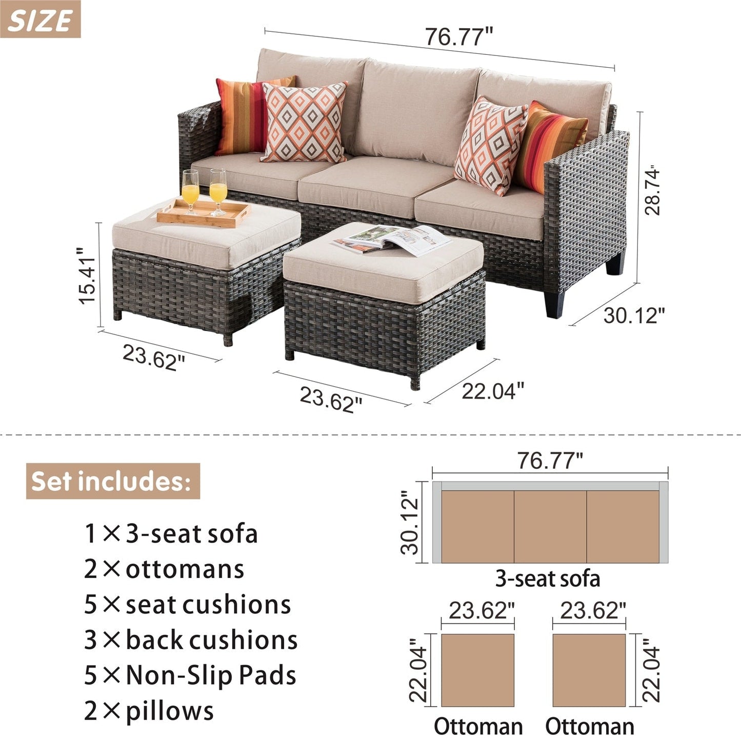 OVIOS 3-piece Outdoor Wicker Conversation Ottoman Set