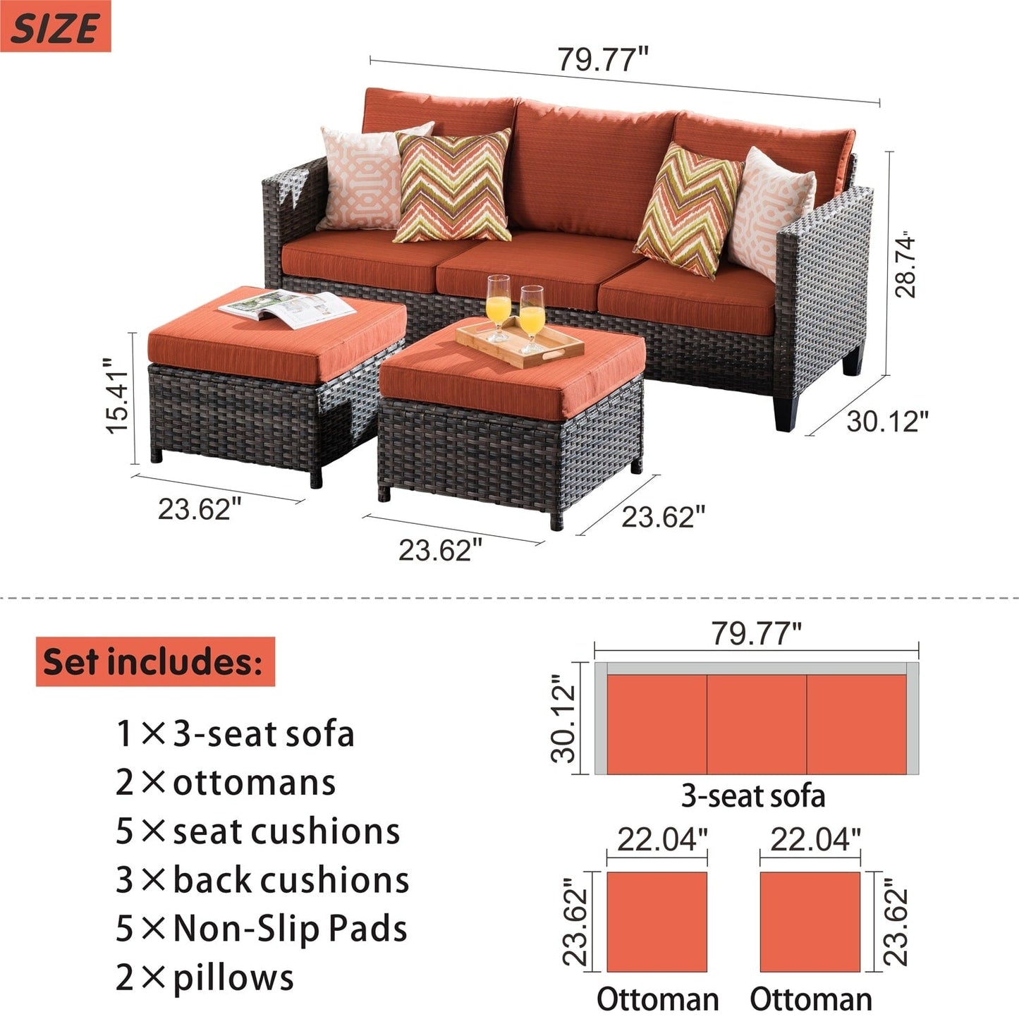 OVIOS 3-piece Outdoor Wicker Conversation Ottoman Set