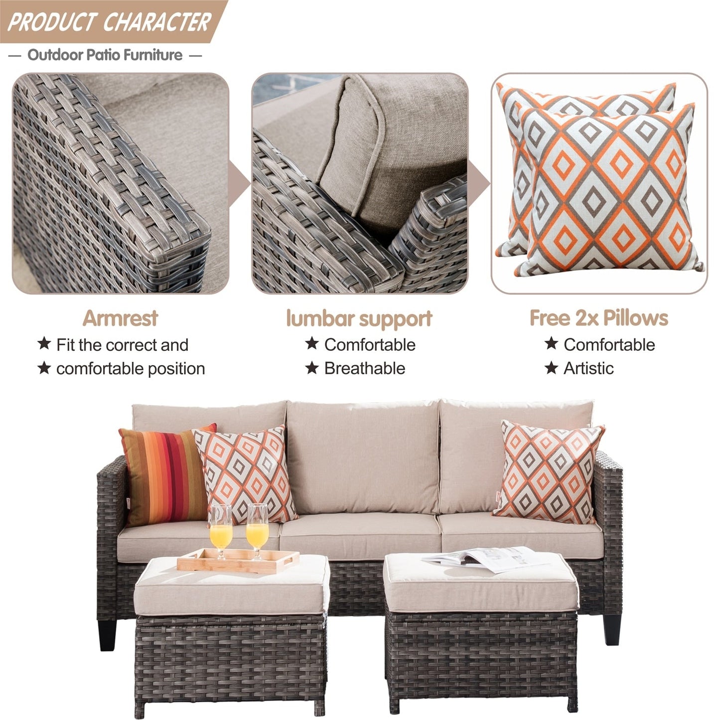 OVIOS 3-piece Outdoor Wicker Conversation Ottoman Set