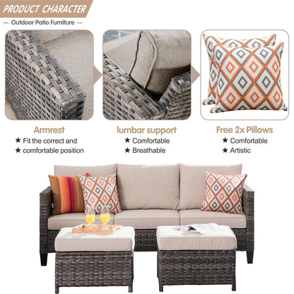 OVIOS 3-piece Outdoor Wicker Conversation Ottoman Set