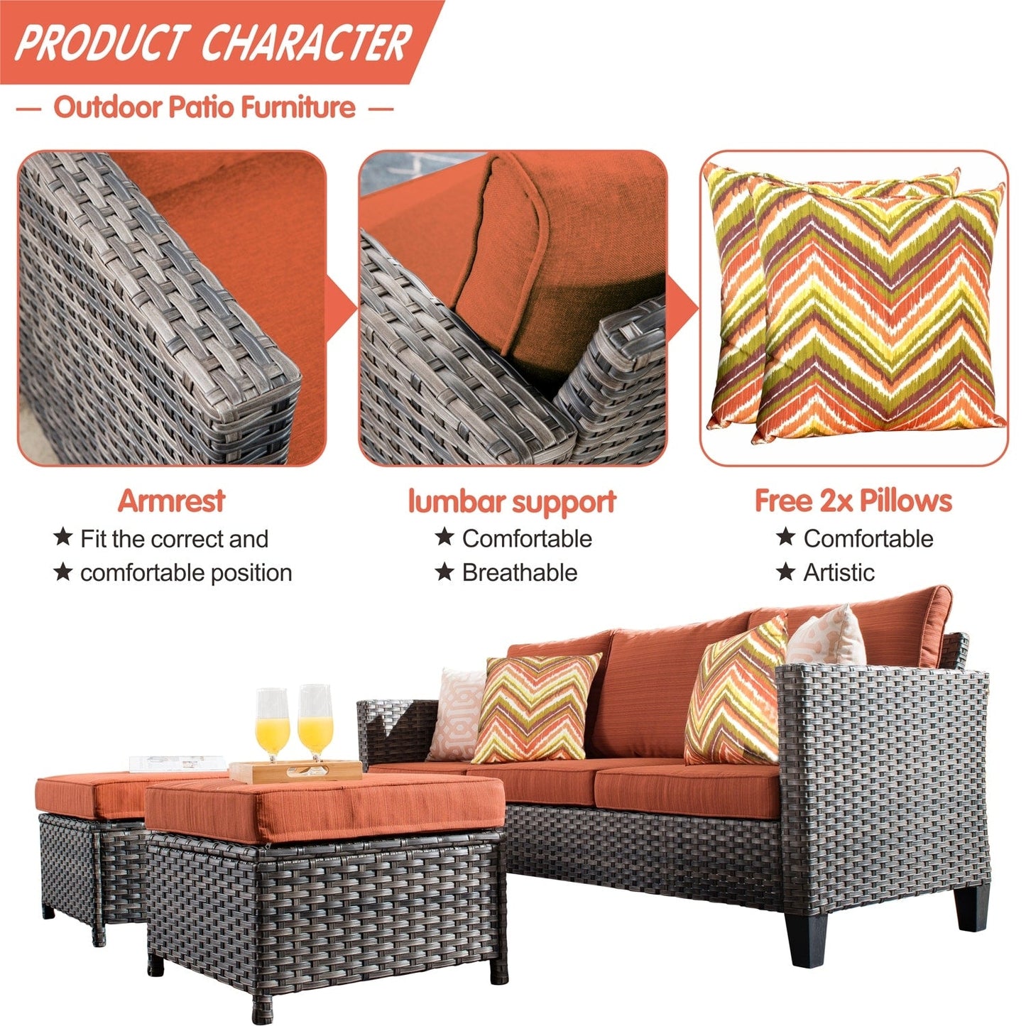 OVIOS 3-piece Outdoor Wicker Conversation Ottoman Set