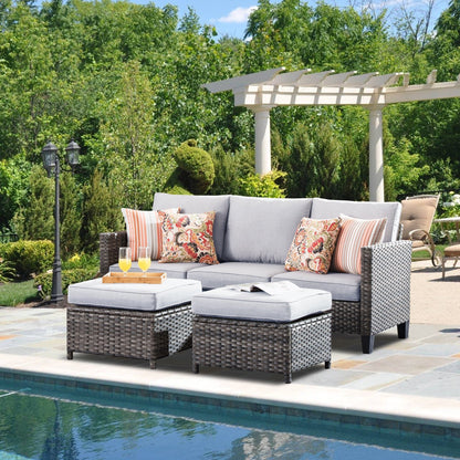 OVIOS 3-piece Outdoor Wicker Conversation Ottoman Set