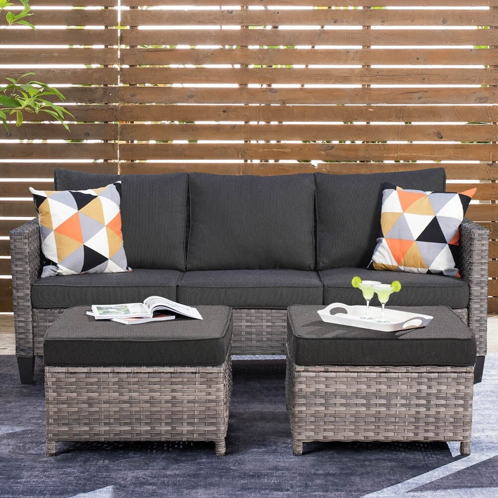 OVIOS 3-piece Outdoor Wicker Conversation Ottoman Set