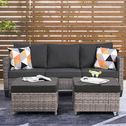 OVIOS 3-piece Outdoor Wicker Conversation Ottoman Set