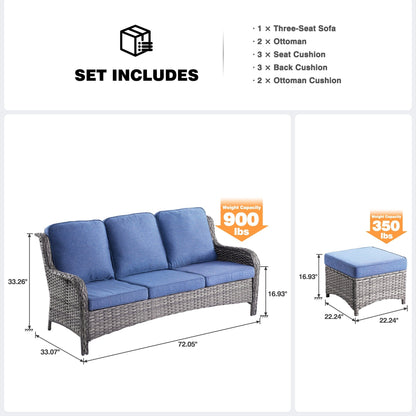 OVIOS 3-piece Patio Wicker Sofa with Ottomans