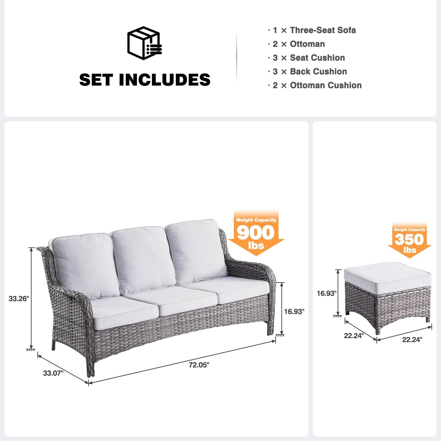 OVIOS 3-piece Patio Wicker Sofa with Ottomans