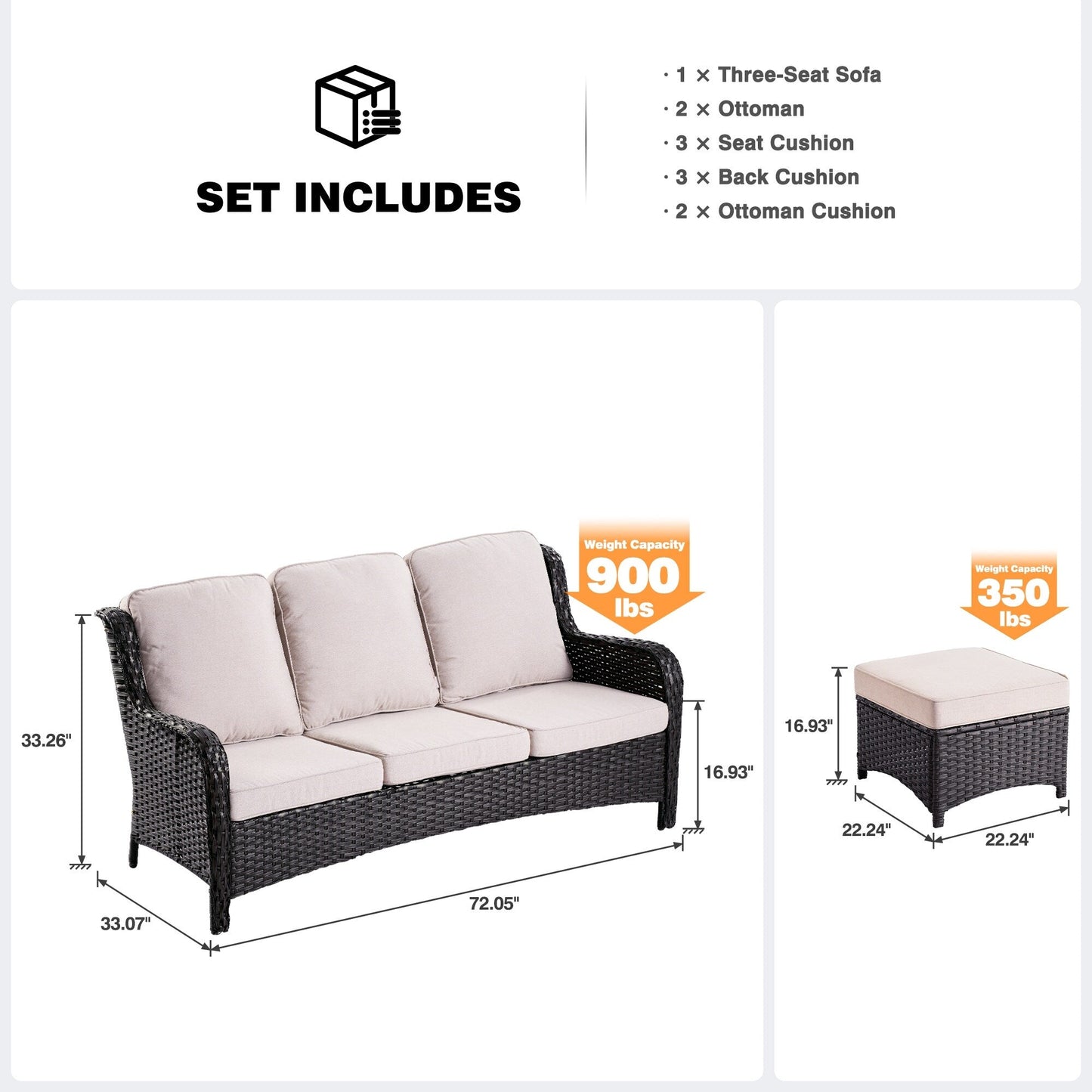 OVIOS 3-piece Patio Wicker Sofa with Ottomans