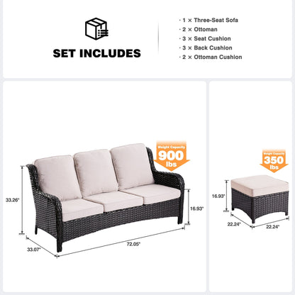 OVIOS 3-piece Patio Wicker Sofa with Ottomans