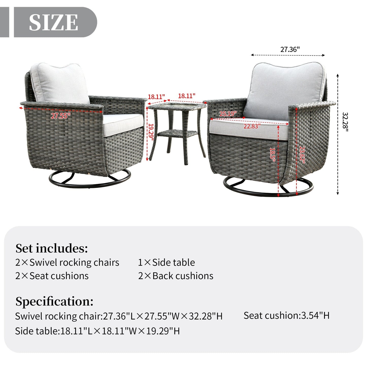 OVIOS 3-piece Pet-Friendly Patio Furniture Swivel Chairs Wicker Set
