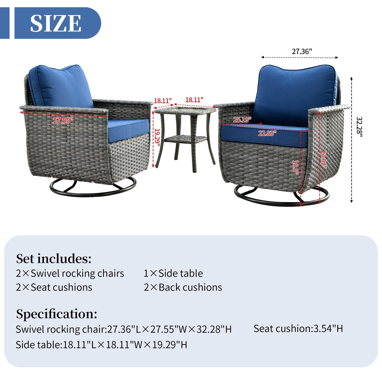 OVIOS 3-piece Pet-Friendly Patio Furniture Swivel Chairs Wicker Set