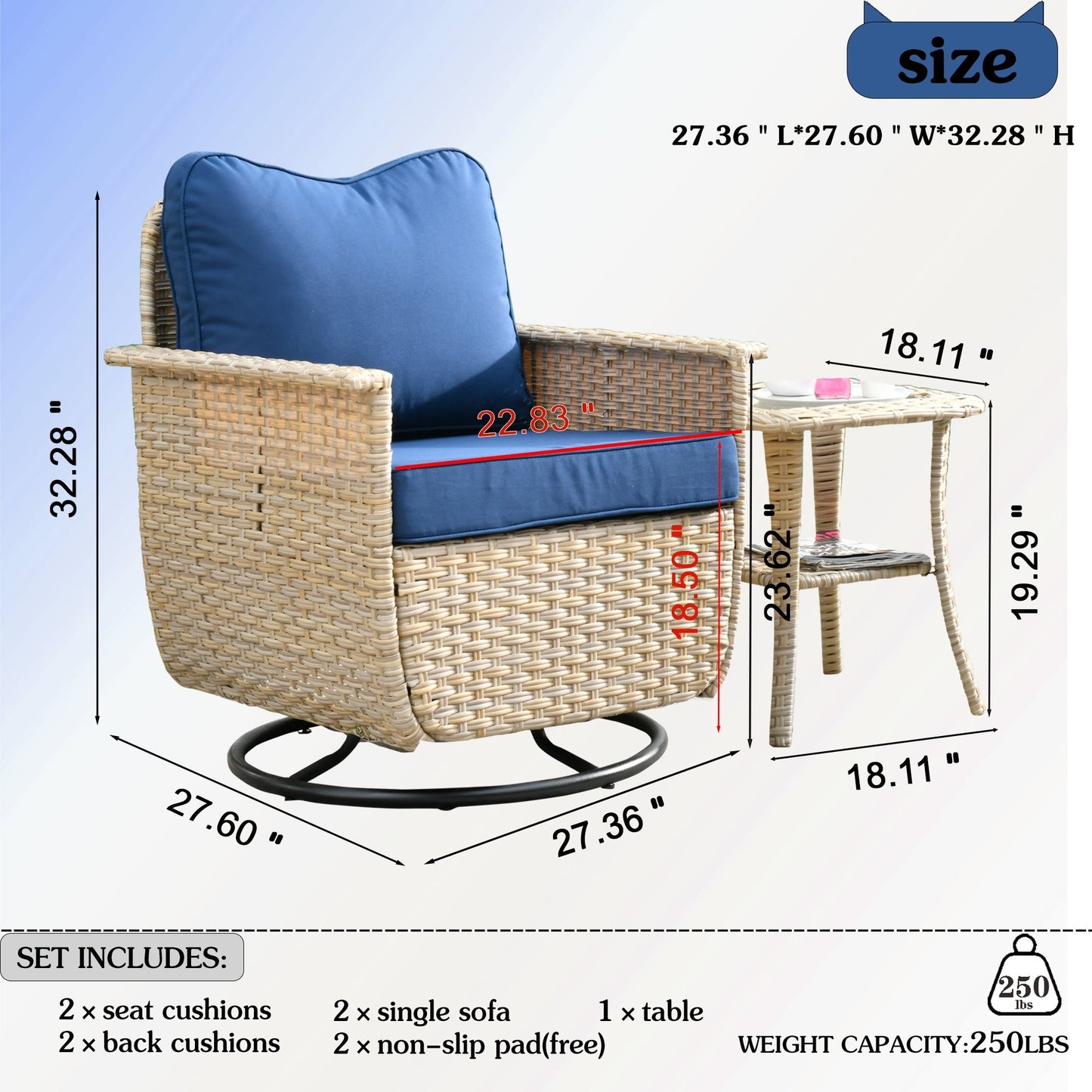 OVIOS 3-piece Pet-Friendly Patio Furniture Swivel Chairs Wicker Set