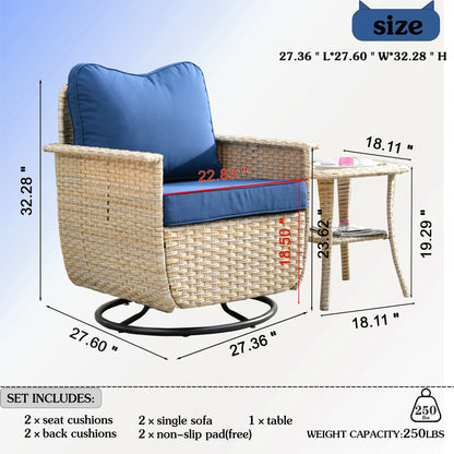 OVIOS 3-piece Pet-Friendly Patio Furniture Swivel Chairs Wicker Set