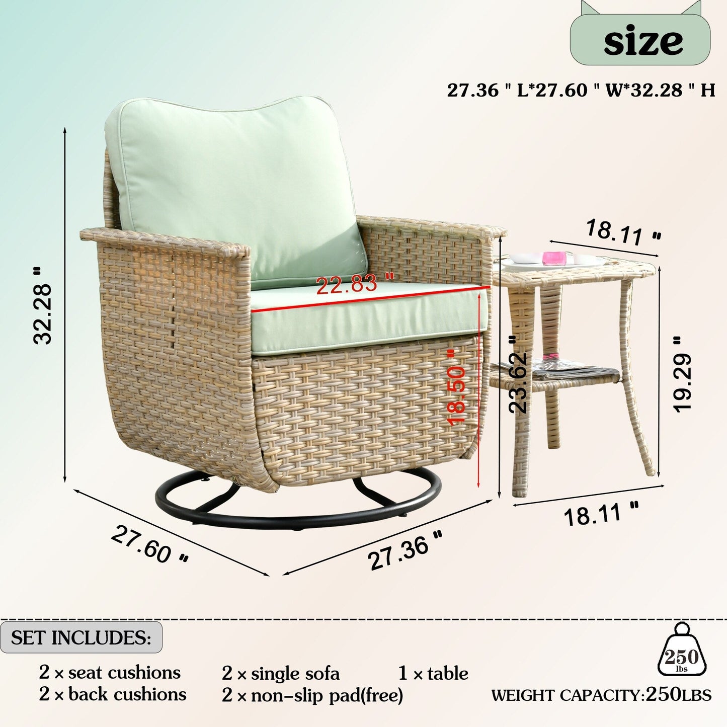 OVIOS 3-piece Pet-Friendly Patio Furniture Swivel Chairs Wicker Set