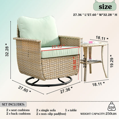 OVIOS 3-piece Pet-Friendly Patio Furniture Swivel Chairs Wicker Set
