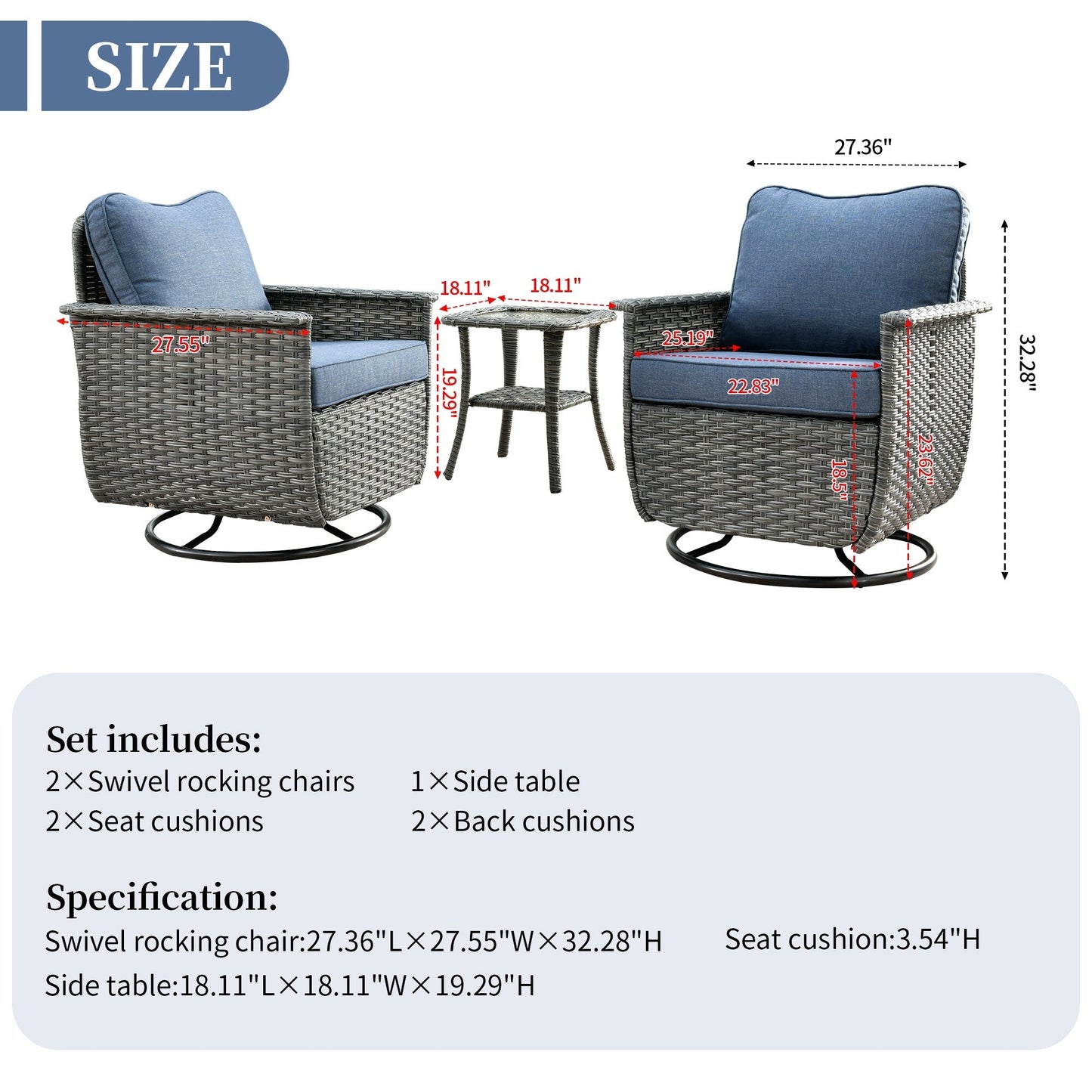 OVIOS 3-piece Pet-Friendly Patio Furniture Swivel Chairs Wicker Set