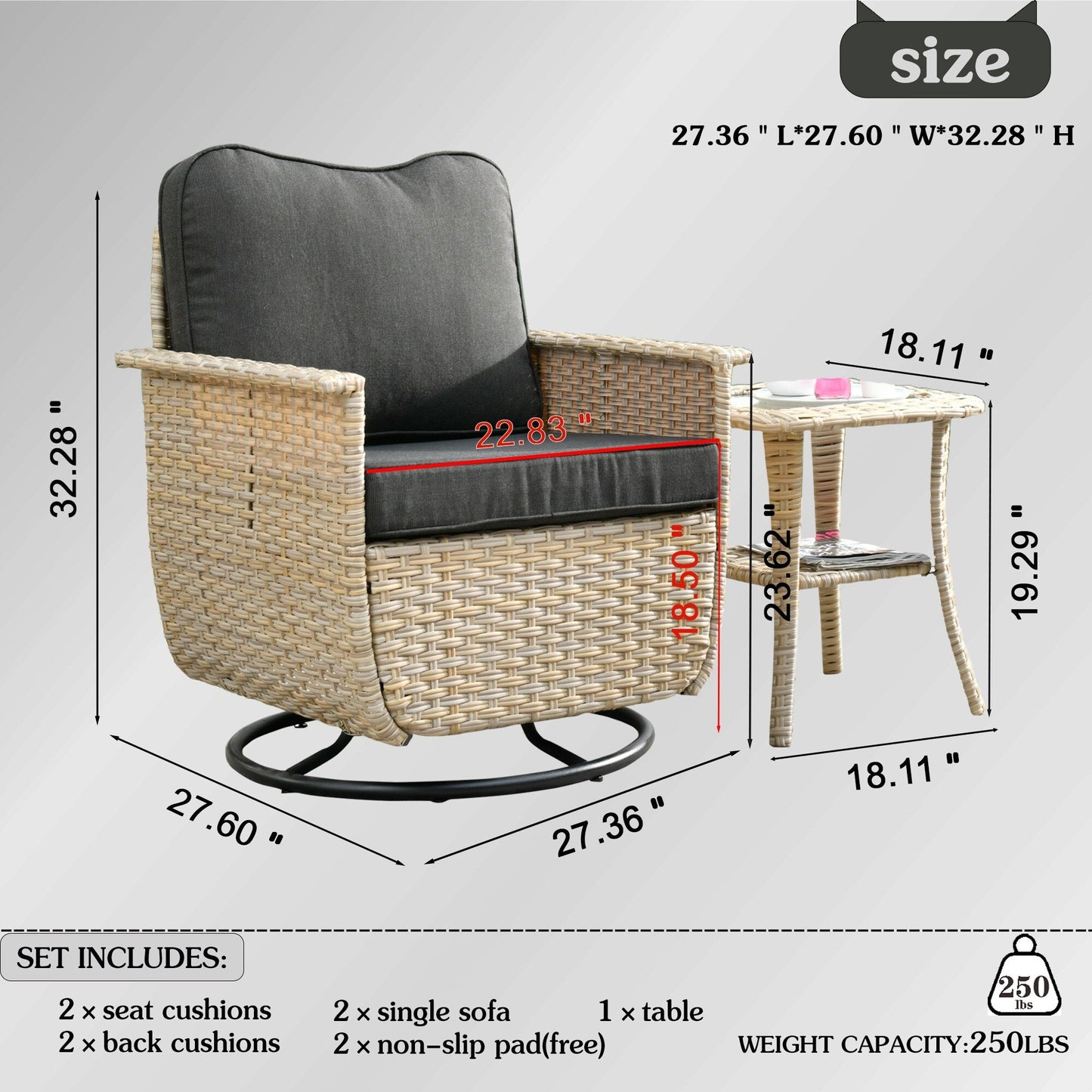 OVIOS 3-piece Pet-Friendly Patio Furniture Swivel Chairs Wicker Set
