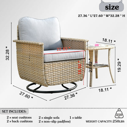 OVIOS 3-piece Pet-Friendly Patio Furniture Swivel Chairs Wicker Set