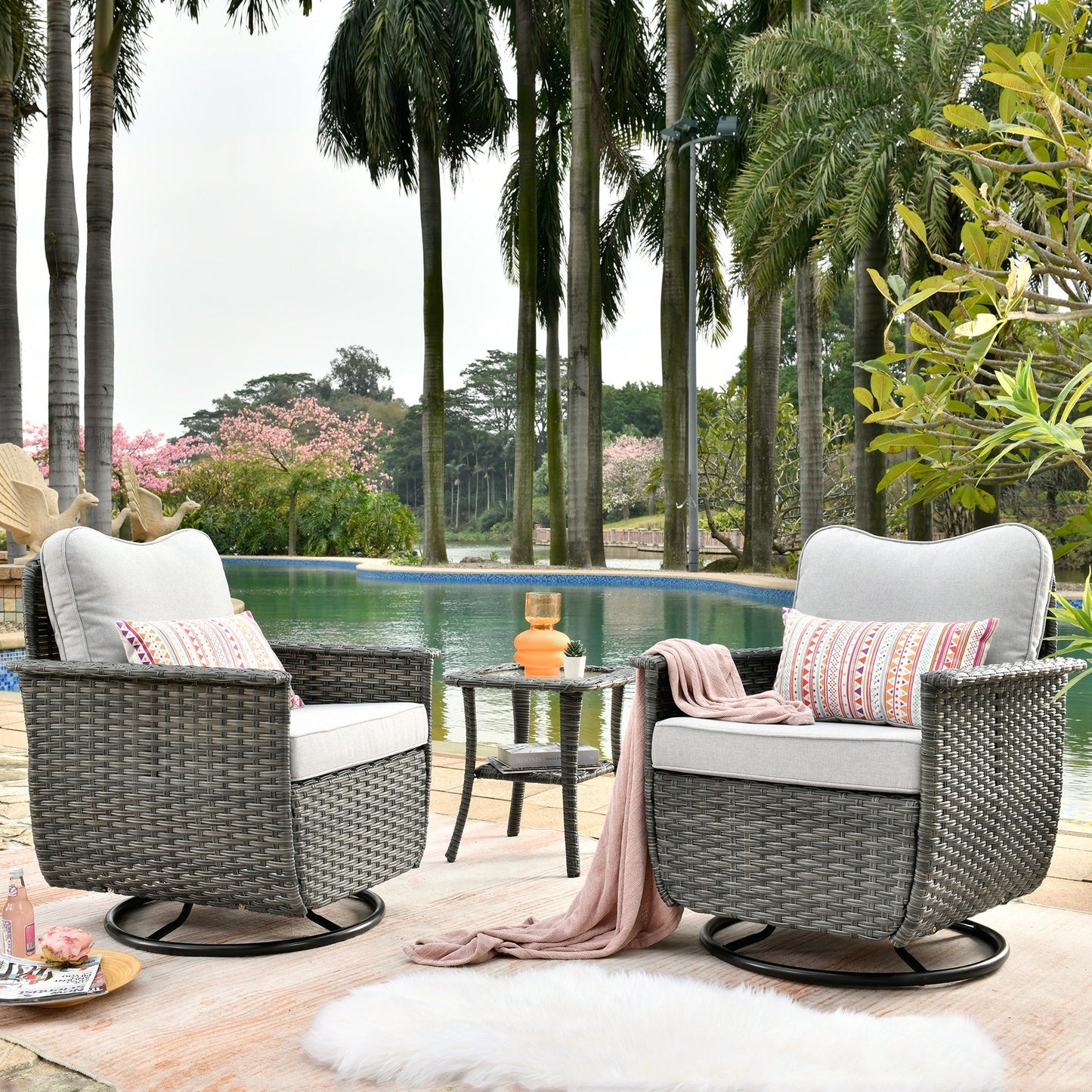 OVIOS 3-piece Pet-Friendly Patio Furniture Swivel Chairs Wicker Set