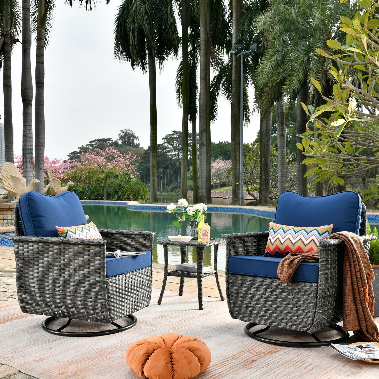 OVIOS 3-piece Pet-Friendly Patio Furniture Swivel Chairs Wicker Set